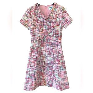 NWOT Chanel 2017 runway multicolor pink tweed dress Lion logo buttons FR…